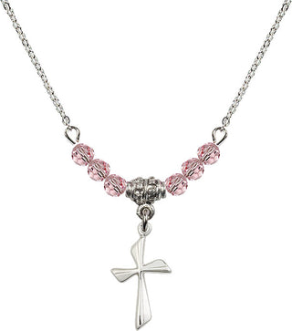 18" Rhodium Plated Necklace with 4mm Light Rose Crystal Beads featuring a Sterling Silver Cross Medal.