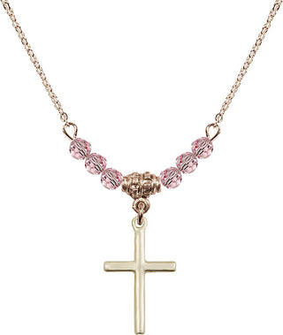 18" Hamilton Gold Plated Necklace with 4mm Light Rose Crystal Beads featuring a 14kt Gold Filled Cross Medal.