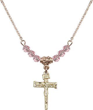 18" Hamilton Gold Plated Necklace with 4mm Light Rose Crystal Beads featuring a 14kt Gold Filled Nail Crucifix Medal.
