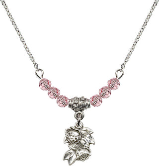 18" Rhodium Plated Necklace with 4mm Light Rose Crystal Beads featuring a Sterling Silver Rose Medal.