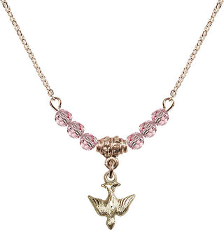 18" Hamilton Gold Plated Necklace with 4mm Light Rose Crystal Beads featuring a 14kt Gold Filled Holy Spirit Medal.