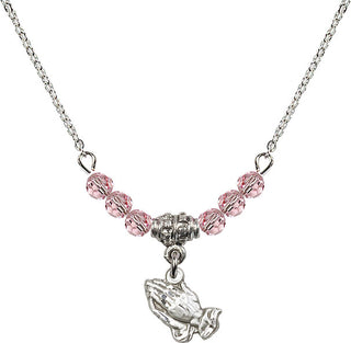 18" Rhodium Plated Necklace with 4mm Light Rose Crystal Beads featuring a Sterling Silver Praying Hands Medal.