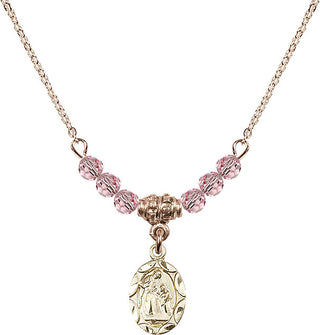 18" Hamilton Gold Plated Necklace with 4mm Light Rose Crystal Beads featuring a 14kt Gold Filled Saint Ann Medal.
