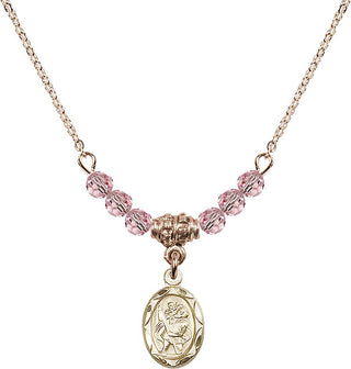 18" Hamilton Gold Plated Necklace with 4mm Light Rose Crystal Beads featuring a 14kt Gold Filled Saint Christopher Medal.