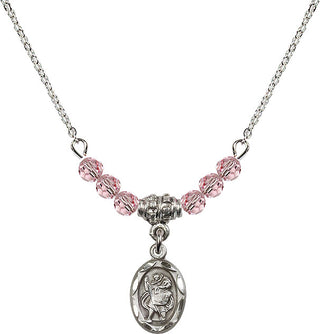 18" Rhodium Plated Necklace with 4mm Light Rose Crystal Beads featuring a Sterling Silver Saint Christopher Medal.