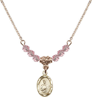 18" Hamilton Gold Plated Necklace with 4mm Light Rose Crystal Beads featuring a 14kt Gold Filled Saint Jude Medal.