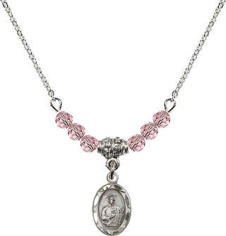 18" Rhodium Plated Necklace with 4mm Light Rose Crystal Beads featuring a Sterling Silver Saint Jude Medal.