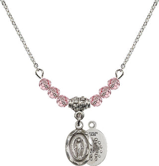 18" Rhodium Plated Necklace with 4mm Light Rose Crystal Beads featuring a Sterling Silver Miraculous Medal.