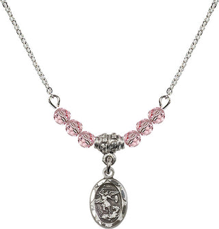 18" Rhodium Plated Necklace with 4mm Light Rose Crystal Beads featuring a Sterling Silver Saint Michael the Archangel Medal.