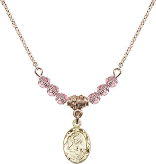 18" Hamilton Gold Plated Necklace with 4mm Light Rose Crystal Beads featuring a 14kt Gold Filled Scapular Medal.