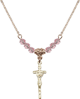 18" Hamilton Gold Plated Necklace with 4mm Light Rose Crystal Beads featuring a 14kt Gold Filled Papal Crucifix Medal.