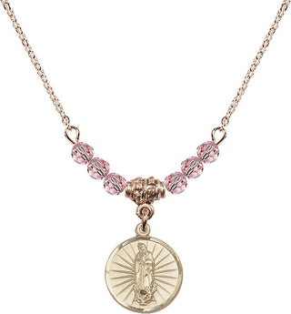 18" Hamilton Gold Plated Necklace with 4mm Light Rose Crystal Beads featuring a 14kt Gold Filled Our Lady of Guadalupe Medal. Engraved Catholic Saint Jewelry