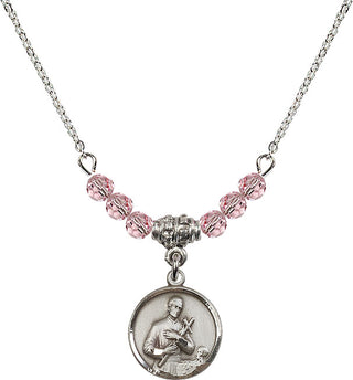 18" Rhodium Plated Necklace with 4mm Light Rose Crystal Beads featuring a Sterling Silver Saint Gerard Medal. Engraved Catholic Saint Jewelry