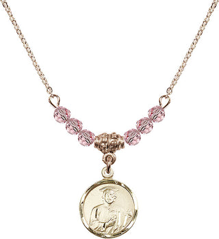 18" Hamilton Gold Plated Necklace with 4mm Light Rose Crystal Beads featuring a 14kt Gold Filled Saint Jude Medal. Engraved Catholic Saint Jewelry