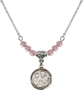 18" Rhodium Plated Necklace with 4mm Light Rose Crystal Beads featuring a Sterling Silver Saint Joseph Medal. Engraved Catholic Saint Jewelry