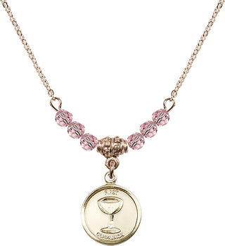18" Hamilton Gold Plated Necklace with 4mm Light Rose Crystal Beads featuring a 14kt Gold Filled Communion Medal. Engraved Catholic Saint Jewelry