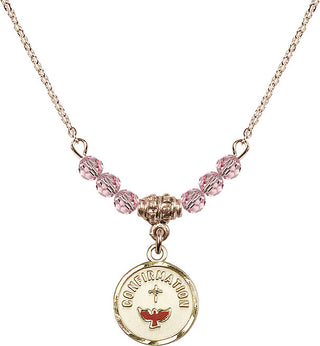 18" Hamilton Gold Plated Necklace with 4mm Light Rose Crystal Beads featuring a 14kt Gold Filled Confirmation Medal. Engraved Catholic Saint Jewelry