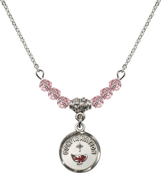 18" Rhodium Plated Necklace with 4mm Light Rose Crystal Beads featuring a Sterling Silver Confirmation Medal. Engraved Catholic Saint Jewelry