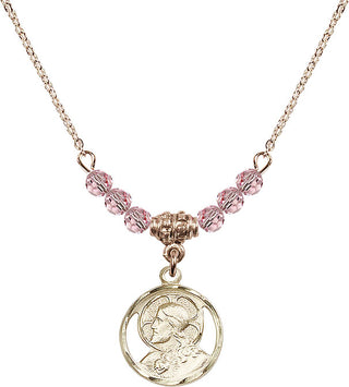18" Hamilton Gold Plated Necklace with 4mm Light Rose Crystal Beads featuring a 14kt Gold Filled Scapular Medal.