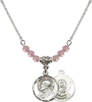 18" Rhodium Plated Necklace with 4mm Light Rose Crystal Beads featuring a Sterling Silver Scapular Medal.