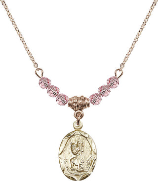 18" Hamilton Gold Plated Necklace with 4mm Light Rose Crystal Beads featuring a 14kt Gold Filled Saint Christopher Medal. Engraved Catholic Saint Jewelry