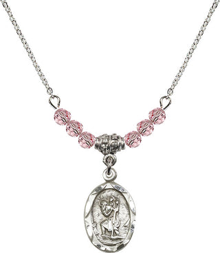 18" Rhodium Plated Necklace with 4mm Light Rose Crystal Beads featuring a Sterling Silver Saint Christopher Medal. Engraved Catholic Saint Jewelry