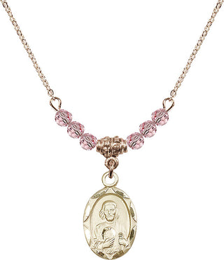 18" Hamilton Gold Plated Necklace with 4mm Light Rose Crystal Beads featuring a 14kt Gold Filled Saint Jude Medal. Engraved Catholic Saint Jewelry