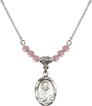 18" Rhodium Plated Necklace with 4mm Light Rose Crystal Beads featuring a Sterling Silver Saint Jude Medal. Engraved Catholic Saint Jewelry