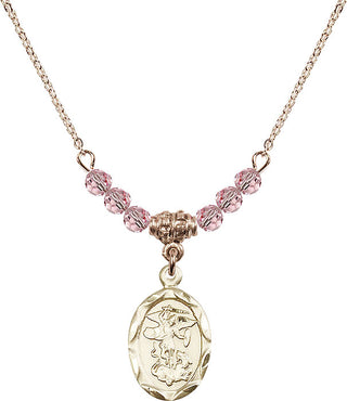 18" Hamilton Gold Plated Necklace with 4mm Light Rose Crystal Beads featuring a 14kt Gold Filled Saint Michael the Archangel Medal.