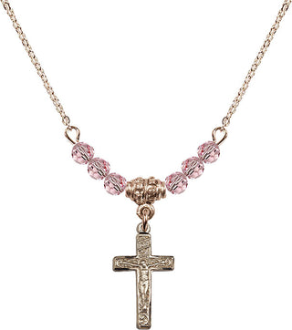 18" Hamilton Gold Plated Necklace with 4mm Light Rose Crystal Beads featuring a 14kt Gold Filled Crucifix Medal.