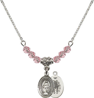 18" Rhodium Plated Necklace with 4mm Light Rose Crystal Beads featuring a Sterling Silver Miraculous Medal.