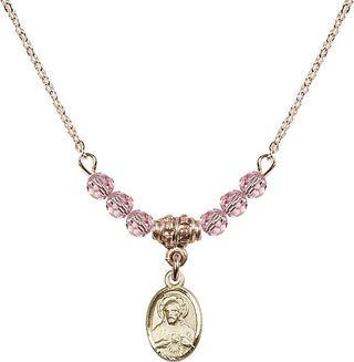 18" Hamilton Gold Plated Necklace with 4mm Light Rose Crystal Beads featuring a 14kt Gold Filled Scapular Medal.