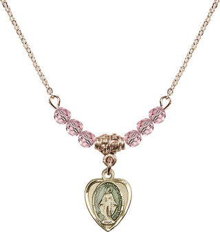 18" Hamilton Gold Plated Necklace with 4mm Light Rose Crystal Beads featuring a 14kt Gold Filled Miraculous Medal.