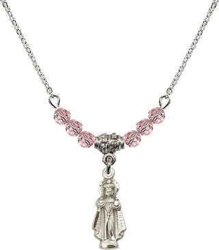 18" Rhodium Plated Necklace with 4mm Light Rose Crystal Beads featuring a Sterling Silver Infant of Prague Medal.