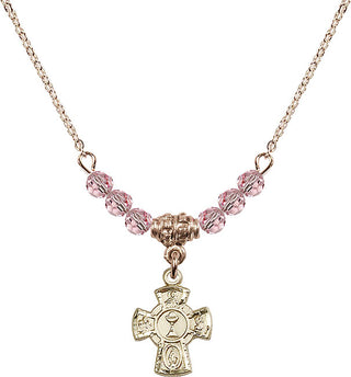 18" Hamilton Gold Plated Necklace with 4mm Light Rose Crystal Beads featuring a 14kt Gold Filled 5-Way / Chalice Medal.