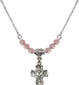 18" Rhodium Plated Necklace with 4mm Light Rose Crystal Beads featuring a Sterling Silver 5-Way / Chalice Medal.