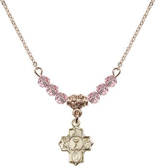 18" Hamilton Gold Plated Necklace with 4mm Light Rose Crystal Beads featuring a 14kt Gold Filled Communion 5-Way Medal.