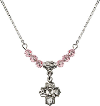 18" Rhodium Plated Necklace with 4mm Light Rose Crystal Beads featuring a Sterling Silver Communion 5-Way Medal.