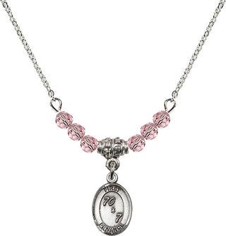 18" Rhodium Plated Necklace with 4mm Light Rose Crystal Beads featuring a Sterling Silver First Penance Medal.