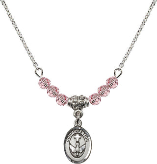 18" Rhodium Plated Necklace with 4mm Light Rose Crystal Beads featuring a Sterling Silver Confirmation Medal.