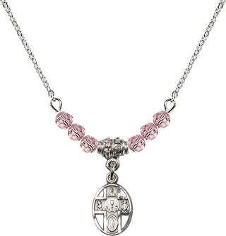 18" Rhodium Plated Necklace with 4mm Light Rose Crystal Beads featuring a Sterling Silver 5-Way / Chalice Medal.