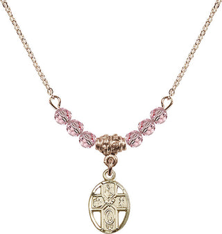 18" Hamilton Gold Plated Necklace with 4mm Light Rose Crystal Beads featuring a 14kt Gold Filled 5-Way Medal.