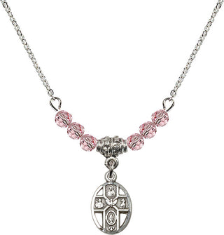 18" Rhodium Plated Necklace with 4mm Light Rose Crystal Beads featuring a Sterling Silver 5-Way Medal.
