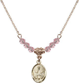 18" Hamilton Gold Plated Necklace with 4mm Light Rose Crystal Beads featuring a 14kt Gold Filled Holy Spirit Medal.