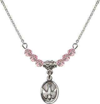 18" Rhodium Plated Necklace with 4mm Light Rose Crystal Beads featuring a Sterling Silver Holy Spirit Medal.