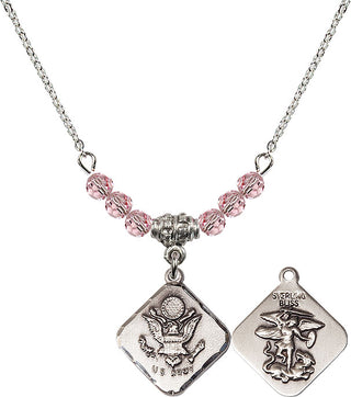 18" Rhodium Plated Necklace with 4mm Light Rose Crystal Beads featuring a Sterling Silver Army Diamond Medal.