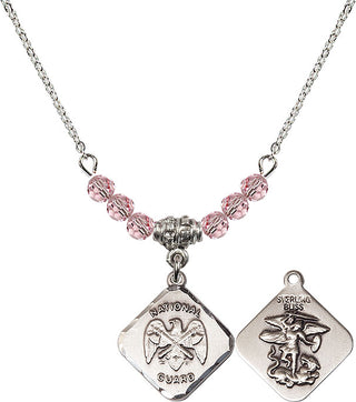 18" Rhodium Plated Necklace with 4mm Light Rose Crystal Beads featuring a Sterling Silver Nat'l Guard Diamond Medal.