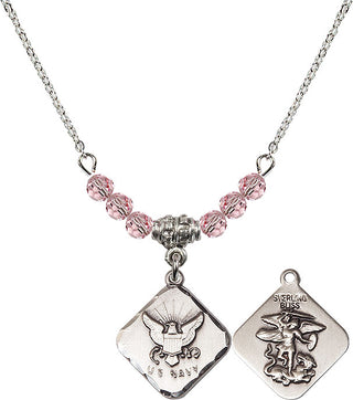 18" Rhodium Plated Necklace with 4mm Light Rose Crystal Beads featuring a Sterling Silver Navy Diamond Medal.