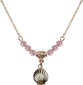 18" Hamilton Gold Plated Necklace with 4mm Light Rose Crystal Beads featuring a 14kt Gold Filled Shell Medal.