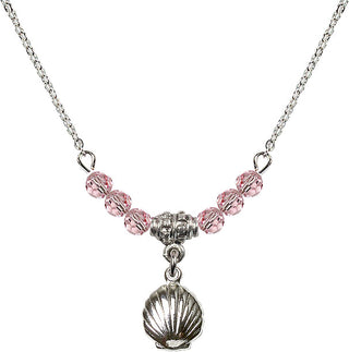18" Rhodium Plated Necklace with 4mm Light Rose Crystal Beads featuring a Sterling Silver Shell Medal.